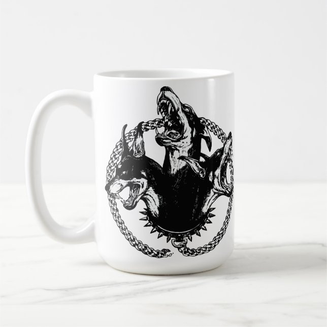 Wilder dreiköpfiger Hund Kaffeetasse (Links)