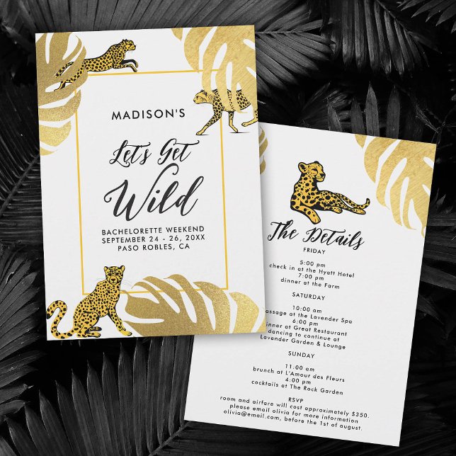 Wilder Dschungel Cheetah Gold Bachelorette Itinera Einladung (lets get wild safari jungle bachelorette itinerary invitation cheetah frame gold leaf elegant modern)