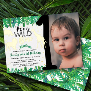 Wilder Dschungelsafari-Junge 1. Geburtstagsfoto Folieneinladung