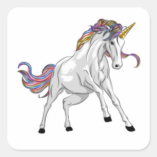 Wilder Einhorn-Aufkleber mit Regenbogenmähne und g Quadratischer Aufkleber
