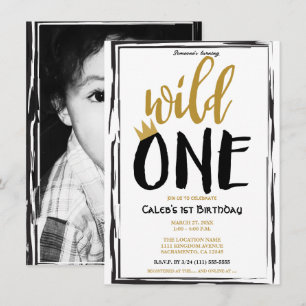 Wilder Eins Schwarz + Gold Foto 1 1. Geburtstag Einladung