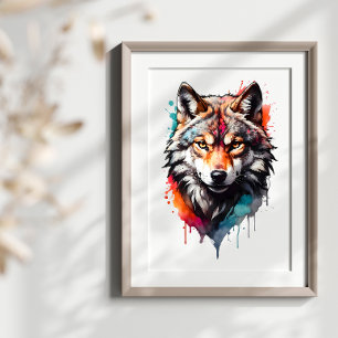 Wilder Geist Wolf Watercolor Splash Kunst, Dichtun Poster