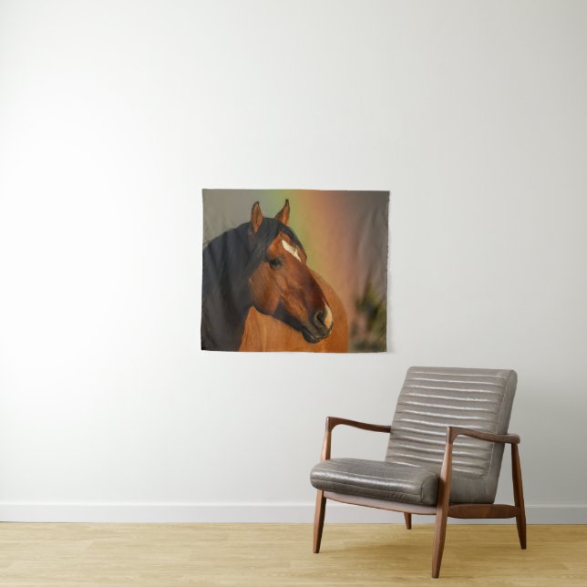 Wilder Hengst, Goldenes Licht und Regenbogen Wandteppich (Beispiel (Horizontal))