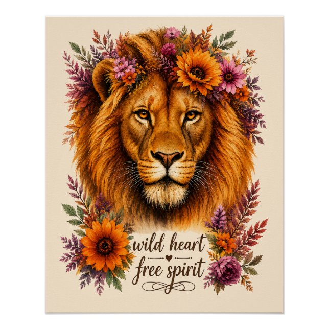 Wilder Herz Freier Geist Boho Floral Löwen Kunst Poster (Vorderseite)