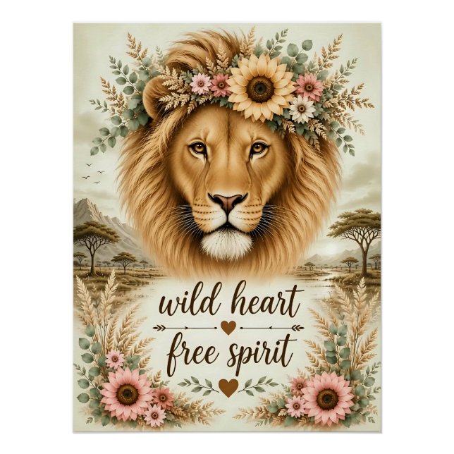 Wilder Herz Freier Geist Boho Floral Löwen Kunst Poster (Vorderseite)