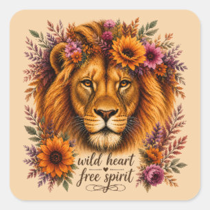 Wilder Herz Freier Geist Boho Floral Löwen Kunst Quadratischer Aufkleber
