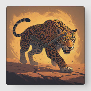 Wilder Leopard, der bei Sonnenuntergang schleicht Quadratische Wanduhr