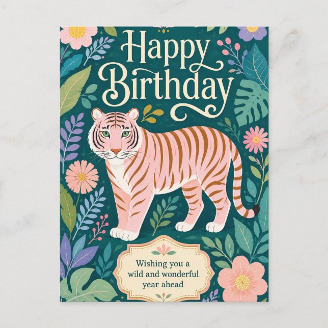 Wilder rosa Tiger Geburtstagsabenteuer Postkarte (Vorderseite)