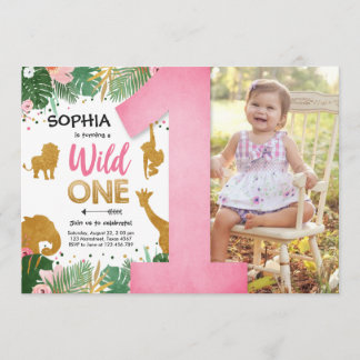 Wilder Safari-Goldmädchen-Rosa-Tier-Geburtstag Einladung