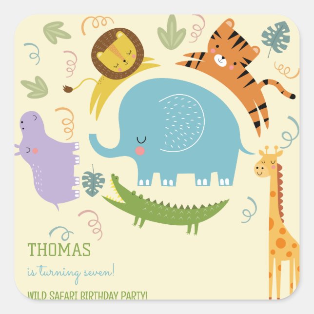 Wilder Safari-Kindergeburtstag Quadratischer Aufkleber (Vorderseite)