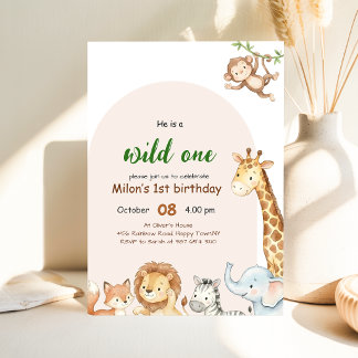 Wilder Safari-Tiere Junge 1. Geburtstag Einladung
