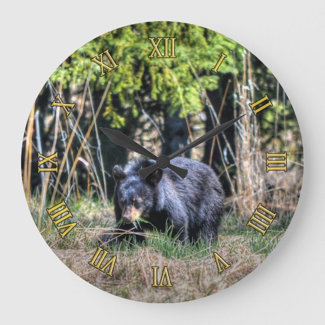 Wilder Schwarzbär-Cub & Forest Wildlife Foto Clock Große Wanduhr (Vorderseite)