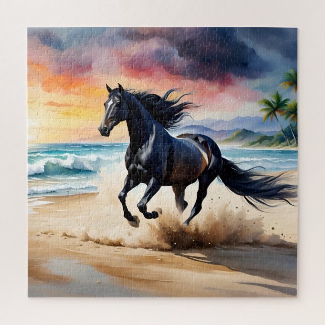 Wilder schwarzer Hengst galoppierend Puzzle (Vertikal)