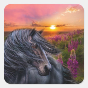 Wilder schwarzer Stallion Pferde Fantasie Art Quadratischer Aufkleber