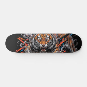 Wilder Tiger mit Rauch- und Blitzgrafik Skateboard