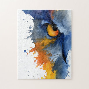 Wilder Wasserfarbenkauz in Blau und Orange Puzzle