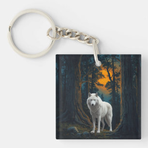 Wilder Weißer Wolf im Mondlicht Waldtier Schlüsselanhänger