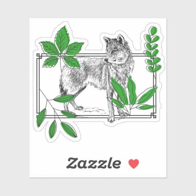 Wilder Wolf & Grüne Blätter - Naturkunst Aufkleber (Blatt)
