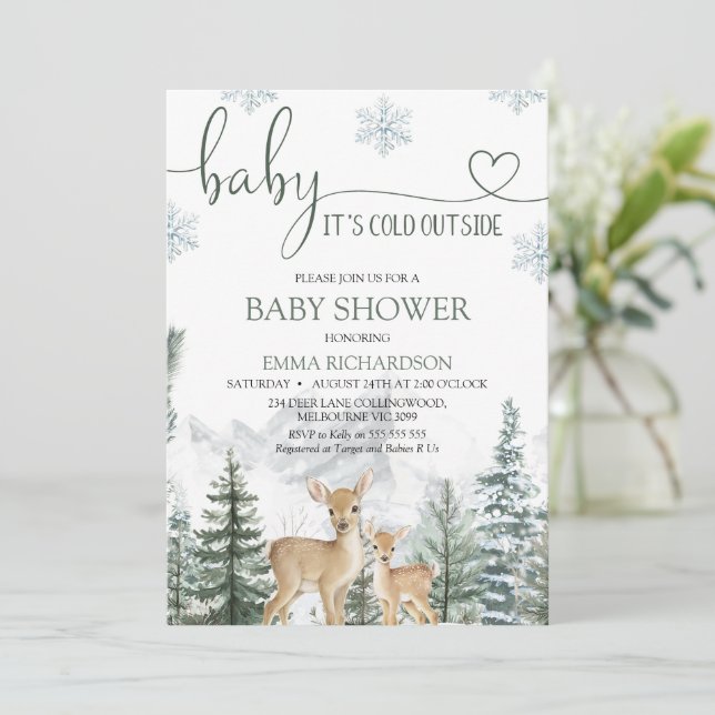 Wilderness Deer Baby Its Cold Outside Baby Shower Einladung (Stehend Vorderseite)