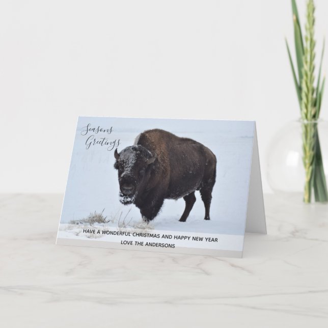 Wildes Buffalo Weihnachtsschnee nach Maß Feiertagskarte (Vorderseite)