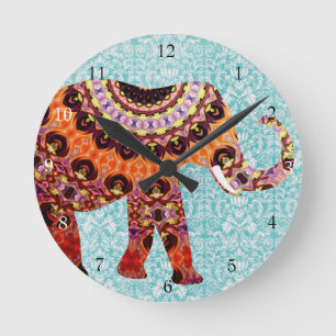 Wildes buntes Boho Elefant-Muster Runde Wanduhr