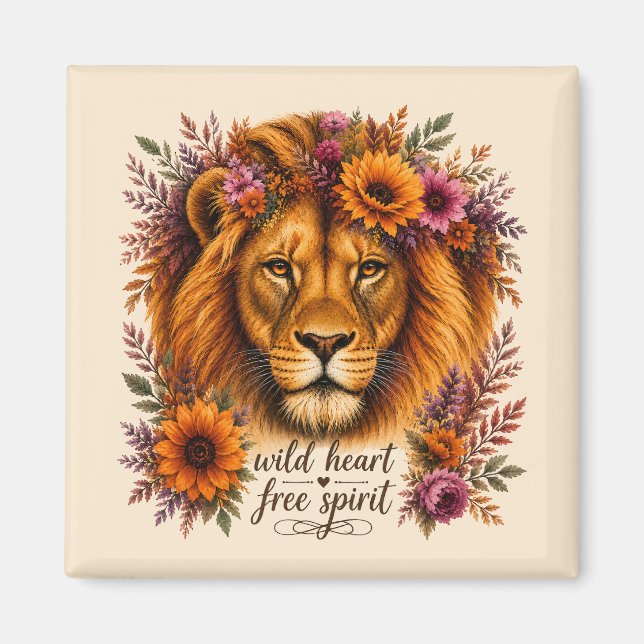 Wildes Herz Freier Geist Boho Floral Löwen Kunst  Magnet (Vorne)