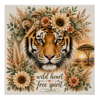 Wildes Herz Freier Geist Boho Floral Tiger Kunst Poster