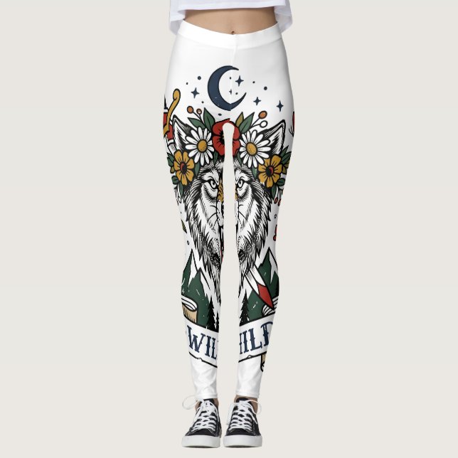 Wildes Kind Wolf Blumenkrone Dolch Tattoo Flash F Leggings (Vorderseite)
