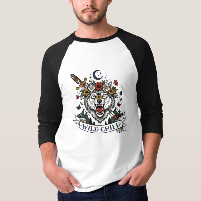 Wildes Kind Wolf Blumenkrone Dolch Tattoo Flash F T-Shirt (Vorderseite)