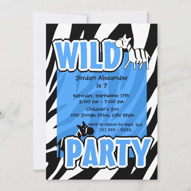 Wildes Party/Blaues Zebra Einladung (Vorderseite)