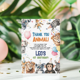 Wildes Party, das alle Tiere anruft 1. Geburtstag Dankeskarte
