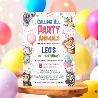 Wildes Party, das alle Tiere anruft 1. Geburtstag Einladung