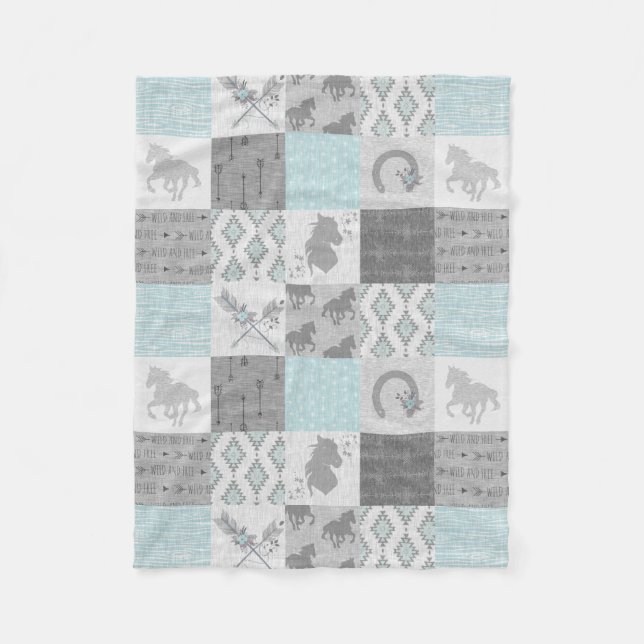 Wildes Pferd BoHo Fleece Blanket - Aqua/Gray (Vorderseite)
