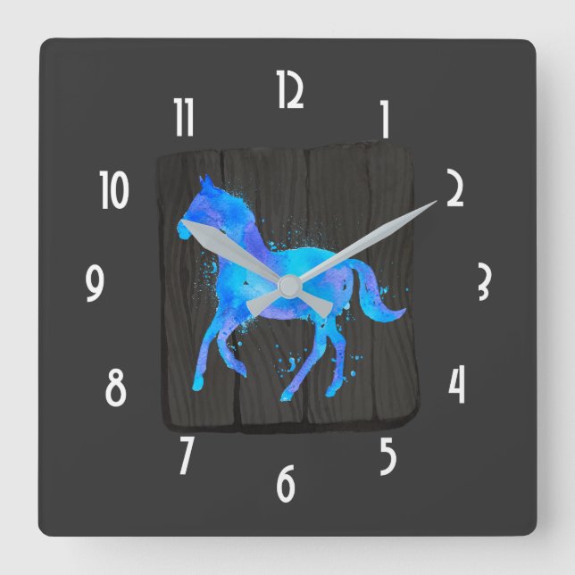 Wildes Pferd in Blau und Lila Wasserfarbe auf Schw Quadratische Wanduhr (Vorderseite)