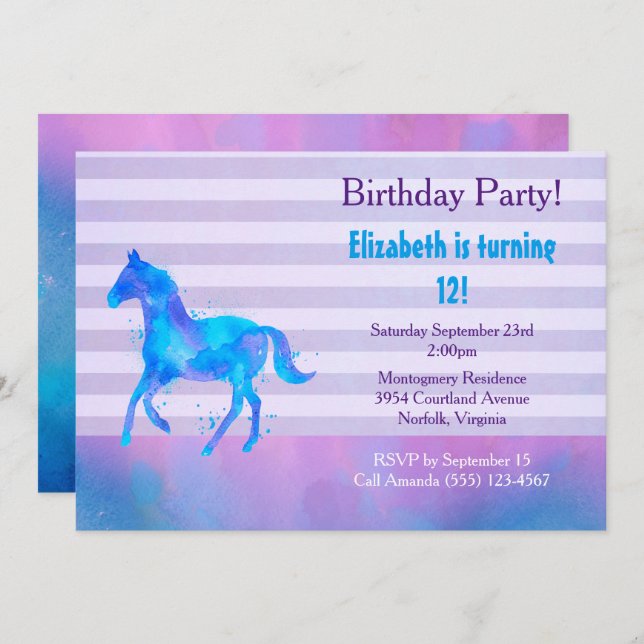 Wildes Pferd Wasserfarbe Horizontale Streifen Gebu Einladung (Vorne/Hinten)