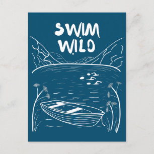 Wildes Schwimmen mit Freunden im See nahe Boot Postkarte