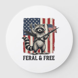 Wildes und freies patriotisches Waschbär-Vintage-S Große Wanduhr