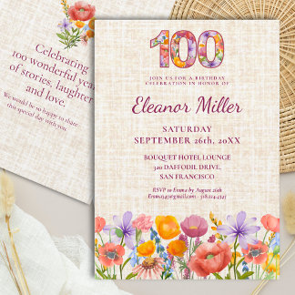 Wildflower 100th Birthday Party - Floral Number Einladung