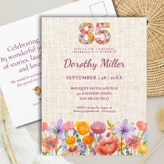 Wildflower 85. Geburtstag für Sie - Florale Nummer Einladungspostkarte