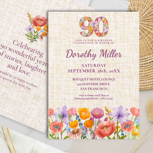 Wildflower 90th Birthday - Floral Number Party Einladung (Von Creator hochgeladen)