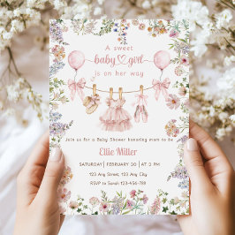 Wildflower-Baby-Einladung, Florales mit rosa Schle Einladung