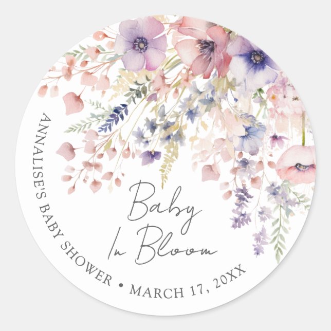 Wildflower Baby In Bloom Floral Baby Shower Runder Aufkleber (Vorderseite)