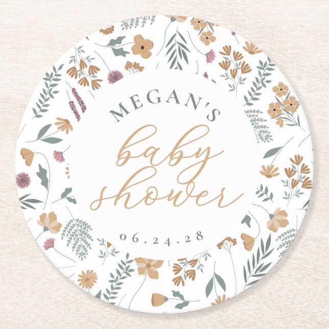 Wildflower Baby Shower Coasters - Orange Runder Pappuntersetzer (Vorderseite)