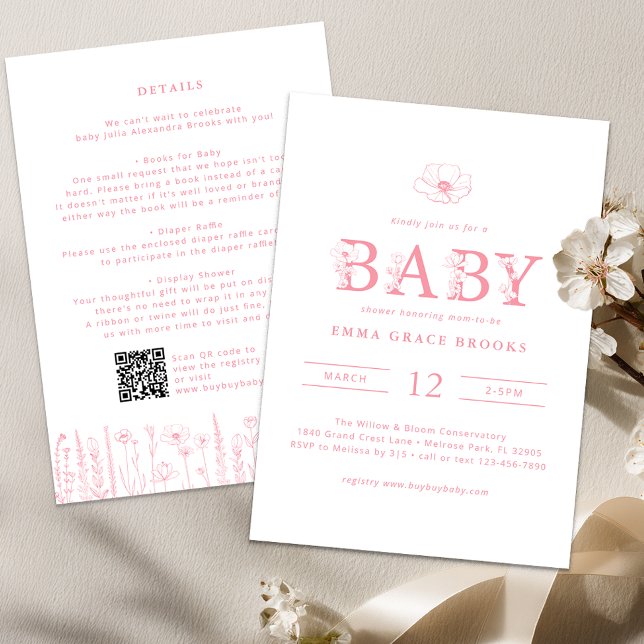 Wildflower Baby Shower Details Back Einladung (Wildflower - Pink Baby Shower Invite)