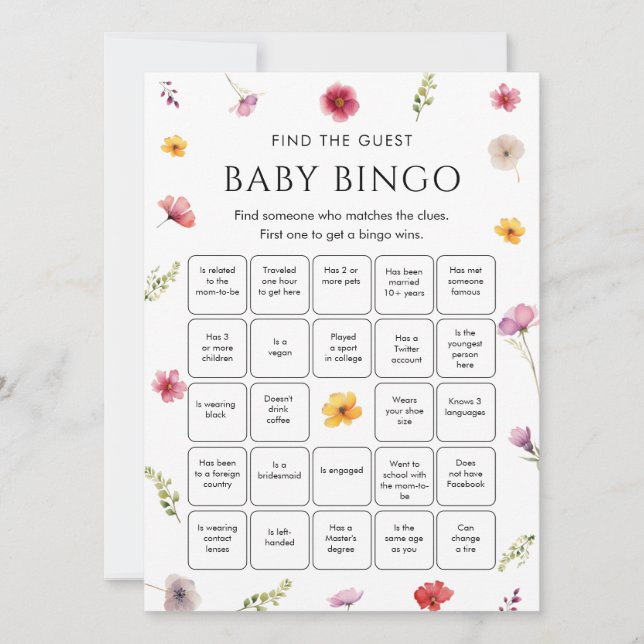 Wildflower Baby Shower Find the Guest Bingo Game  Einladung (Vorderseite)