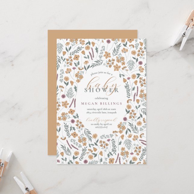 wildflower baby shower invitation - light orange einladung (Vorderseite/Rückseite Beispiel)