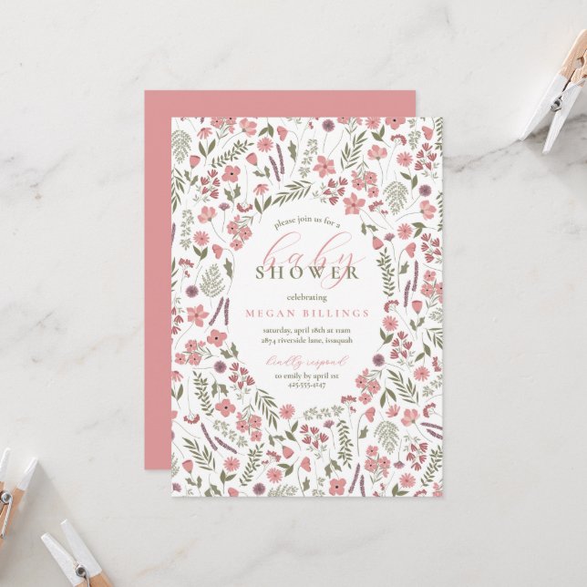 wildflower baby shower invitation - pink einladung (Vorderseite/Rückseite Beispiel)