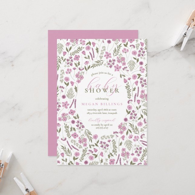 wildflower baby shower invitation - purple einladung (Vorderseite/Rückseite Beispiel)