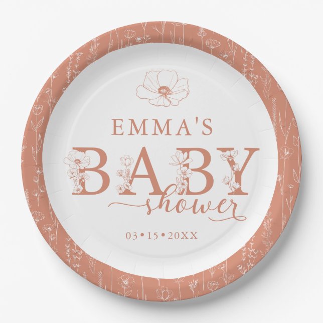 Wildflower Baby Shower | Terracotta Floral Plate Pappteller (Vorderseite)
