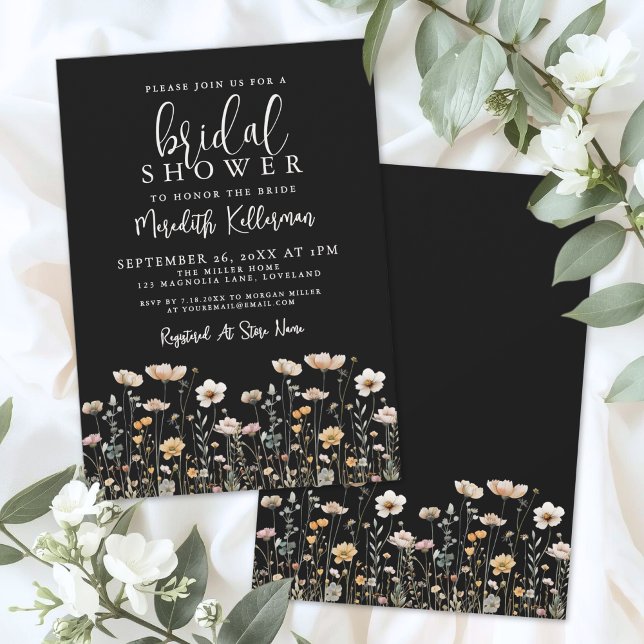 Wildflower Black Elegant Bridal Shower Einladung (Wildflower Black Elegant Bridal Shower Invitation)